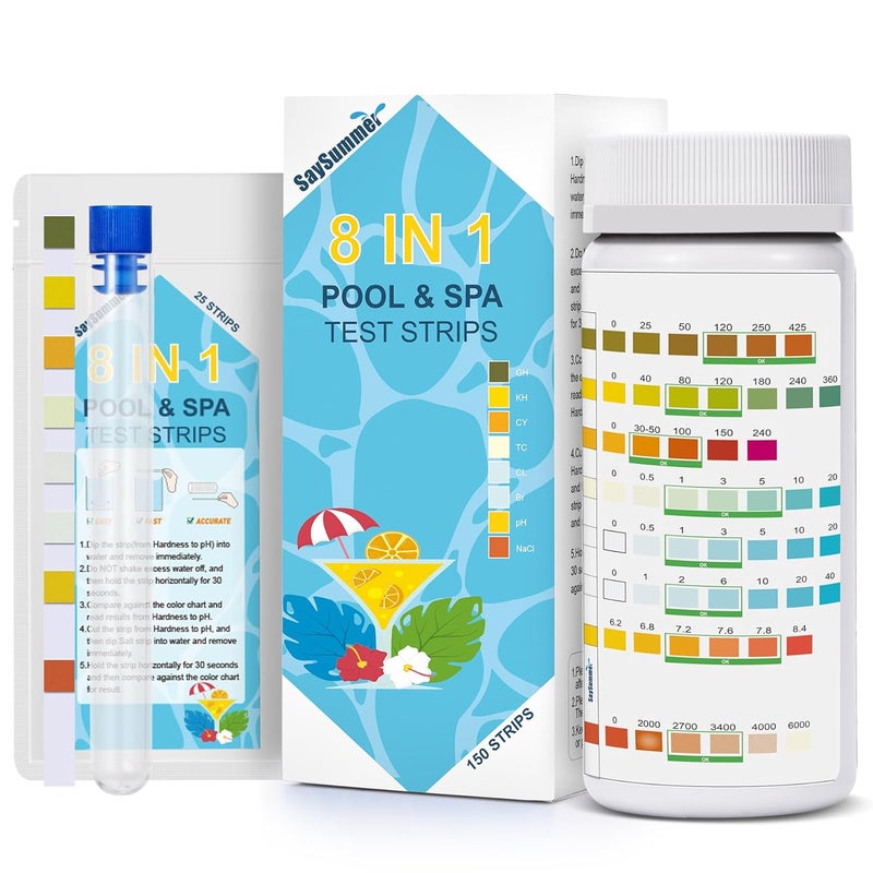 SaySummer Salt-Water Pool Test Strips Kit: 150 Counts 8-in-1 for Salt Water Pool Testing Kit, Salt Pool Test Strips for Hot Tub Spa Testing Salt Chlorine pH and More - Image 1